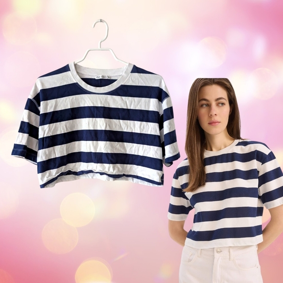 Zara Tops - ZARA | Navy And White Striped Cropped Boxy Fit Cotton Tee Size M